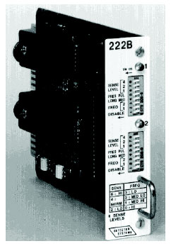 Figure 2-32. Two-channel card rack mounted electronics unit. Photograph of a two-channel card rack electronics unit that fits into a multiple card rack, operates with external 24-volt DC power, and economizes on space.