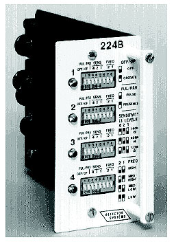 Figure 2-33. Four-channel card rack mounted electronics unit. Photograph of a four-channel card rack electronics unit that fits into a multiple card rack, operates with external 24-volt DC power, and economizes on space.