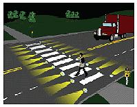 Figure 3-25. Pedestrian crossing safety devices. (A) Crosswalk lighting that alert motorists to crossing zone.