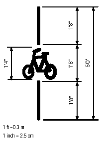 Figure 4-25. Special bicycle pavement marking used in San Luis Obispo, California. Bicyclists traveling over the "bicycle" painted on the bike path cause the red light to turn green. One foot, eight inch (or 0.5-meter) strips guide the bicyclist to travel over the middle of the painted bicycle logo. 