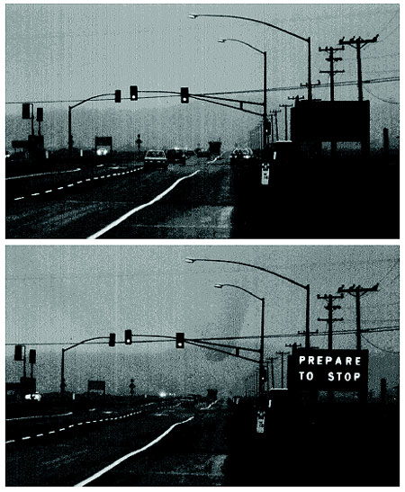 Figure 4-7. PREPARE TO STOP sign on an arterial in nonilluminated and illuminated states.