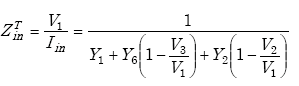 Equation A-104. Capital Z subscript I N superscript capital T equals Capital V subscript 1 over Capital I subscript I N, which equals the quotient of 1 over the denominator Capital Y subscript 1 plus capital Y subscript 6 times the quantity Capital V subscript 1 minus the quotient of Capital V subscript 3 over capital V subscript 1 end quantity, plus Capital Y subscript 2 times the quantity Capital V subscript 1 minus the quotient of Capital V subscript 2 over capital V subscript 1.