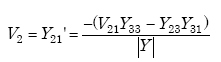 Equation A-107. Capital V subscript 2 equals Capital Y subscript 21 prime which in turn equals the quotient of the numerator the negative quantity of Capital Y subscript 21 times Capital Y subscript 33 minus Capital Y subscript 23 times Capital Y subscript 31 end quantity, all over the denominator of the determinant of Capital Y.