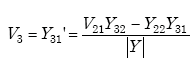 Equation A-108. Capital V subscript 3 equals Capital Y subscript 31 prime which in turn equals the quotient of the numerator of Capital Y subscript 21 times Capital Y subscript 32 minus Capital Y subscript 22 times Capital Y subscript 31, all over the denominator of the determinant of Capital Y.
