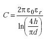 Equation A-11. C prime equals the quotient of the product in the numerator of 2, pi, epsilon subscript 0, and epsilon subscript r, all over all the natural logarithm of the quantity of the quotient of 4 times h all over pi times d.