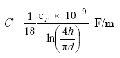 Equation A-12. C prime equals the product of the quotient of 1 over 18, times the quotient of the numerator product of epsilon subscript R and 10 raised to the negative 9 power, all over the denominator natural log of the quotient of 4 times H all over pi times D, all times the quotient of F over M.