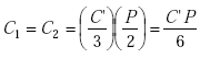 Equation A-14. C subscript 1 equals C subscript 2, which equals the product of the quotient of C prime times P over 6, times the quotient of P over 2, which equals the quotient of the numerator C prime times P all over 6.