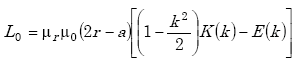Equation A-25. L subscript 0 equals the product of mu subscript R, mu subscript 0, the quantity of the product of 2 and r, all minus a, all times the quantity of the difference of the product of the difference of 1 minus the quotient of k squared over 2, times capital K as a function of K, minus capital E as a function of K.