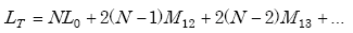 Equation A-27. L subscript T equals N times L subscript 0 plus 2 times the quantity capital N minus 1, times capital M subscript 12, plus 2 times the quantity capital N minus 2 end quantity, times M subscript 13. 