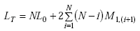 Equation A-28. Capital L subscript capital T is equal to capital N times capital L nought plus 2 times summation from I equals 1 to capital N of the product of the difference between capital N and 1 times capital M subscript 1 comma I plus 1.