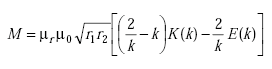 Equation A-29. Capital M is equal to mu subscript R times mu nought times square root of the product of R subscript 1 times R subscript 2, all multiplied by the difference between the product of the difference of the quotient of 2 over K minus k times capital K as a function of K minus the quotient 2 over K times capital E as a function of K.