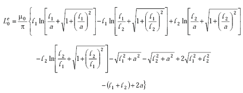 Equation A-32. Capital L nought superscript E is equal to the quotient mu nought over pi times the sum of 5 parts. Part 1 is L subscript 1 times the natural log of the sum of the quotient of L subscript 1 over A plus the square root of the sum of 1 plus the quantity L subscript 1 over A end quantity squared. Part 2 is negative L subscript 1 times the natural log of the sum of the quotient L subscript 1 over L subscript 2 plus the square root of the sum of 1 plus the quantity L subscript 1 over L subscript 2 end quantity squared. Part 3 is L subscript 2 times the natural log of the sum of the quotient L subscript 2 over A plus the square root of 1 plus the quantity L subscript 2 over A end quantity squared. Part 4 is negative L subscript 2 times the natural log of the sum of the quotient L subscript 2 over L subscript 1 plus the square root of 1 plus the quantity L subscript 2 over L subscript 1 end quantity squared. Part 5 is negative square root of the sum of L subscript 1 squared and A squared, minus the square root of the sum of L subscript 2 squared and A squared, plus 2 times the square root of the sum of L subscript 1 squared and L subscript 2 squared, minus the sum of L subscript 1 and L subscript 2 plus 2 times A.