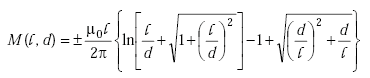 Equation A-36. Capital M is a function of L and D and is equal to the plus or minus value of the quotient of the product mu nought and L over 2 pi all times the sum of the natural log of the quotient L over D plus the square root of 1 plus the quantity L over D end quantity squared, minus 1, plus the square root of the sum of the quantity D over L end quantity squared plus the quotient D over L.