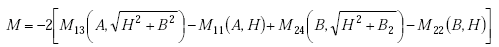 Equation A-37. Capital M is equal to negative 2 times the sum of M subscript 13 which is a function of capital A and the square root of the sum of capital H squared and capital B squared, minus capital M subscript 11 which is a function of capital A and capital H, plus capital M subscript 24 which is a function of capital B and the square root of the sum of capital H squared plus capital B subscript 2, minus capital M subscript 22 which is a function of capital B and capital H.