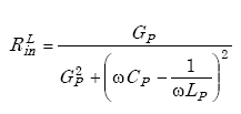 Equation A-44. Capital R subscript I N superscript capital L is equal to the quotient of capital G subscript capital P all over the sum of capital G subscript capital P squared plus the quantity omega times capital C subscript capital P minus 1 over the product of omega times capital L subscript capital P end quantity squared.