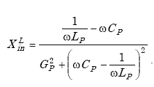 Equation A-45. Capital X subscript I N superscript capital L is equal to the quotient of the sum of the quotient 1 over the product of omega and capital L subscript capital P minus the product of omega and capital C sub subscript capital P all over the sum of capital G subscript capital P squared plus the quantity omega times capital C subscript capital P minus 1 over the product of omega times capital L subscript capital P end quantity squared.