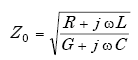Equation A-50. Capital Z nought is equal to the square root of the quotient of the sum capital R and the product of J, omega, and capital L all over the sum of capital G and the product of J, omega, and capital C.