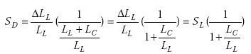 Equation A-61. Capital S subscript Capital D equals the product of the quotient of delta capital L subscript capital L over capital L subscript capital L, times the quotient of the numerator quotient of 1 over capital L subscript capital L plus capital L subscript capital C, all over capital L subscript capital L, which equals the product of the quotient of delta capital L subscript capital L over capital L subscript capital L, times the quotient of the numerator quotient of 1 all over the denominator of 1 plus the quotient capital L subscript capital C over L subscript capital L, which equals the product of capital S subscript L times the quotient of the numerator 1 all over the denominator of 1 plus the quotient of capital L subscript capital C over capital L subscript capital L.