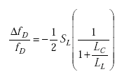 Equation A-62. Delta f subscript capital D divided by f subscript capital D equals negative one half times Capital S subscript capital L times the quotient of the numerator of 1 all over the denominator of 1 plus the quotient of capital L subscript capital C over capital L subscript capital L.