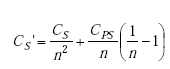 Equation A-64. C prime subscript S equals the sum of the quotient of C subscript S divided by n squared, plus the product of the quotient of the numerator capital C subscript capital P S over N, times the quantity of the quotient of 1 over n, minus 1, end quantity.