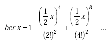 Equation A-77. Real Part of Bessel Function of X equals one minus the quotient of the numerator of the quotient of the quantity of one half X end quantity raised to the fourth power, all over the denominator squared factorial of 2 plus the quotient of the numerator of the quotient of the quantity of one half X end quantity raised to the eighth power, all over the denominator squared factorial of 4, etc…. 