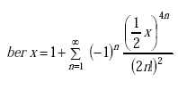 Equation A-78. Real Part of Bessel Function of X equals one plus summation from n equals 1 to N equals infinity of minus 1 to the N power, all times the quotient of the numerator of one-half X raised to the 4 times N power, all over the denominator of the squared quantity of 2 times the factorial of N.