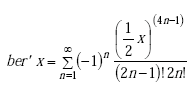 Equation A-80. First derivative Real Part of Bessel Function of X equals summation from N equals 1 to N equals infinity of minus 1 to the N power, all times the quotient of the numerator of one half X raised to the power of the quantity of the product of 4 and X, minus 1, all over the denominator of the product of the factorial quantity of the product of 2 and N minus 1, times 2 times N factorial.