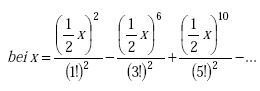 Equation A-81. Ber imaginary x equals fraction first 0.5 times X raised to the second power divided by one factorial to the second power end fraction first minus fraction second 0.5 times X raised to the sixth power divided by 3 factorial to the second power end fraction second times fraction third 0.5 times X raised to the tenth power divided by five factorial to the second power end fraction third minus . . . et cetera.