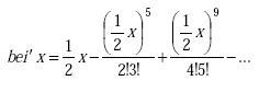 Equation A-83. Derivative of Imaginary Part of complex Bessel Function of X equals fraction first 0.5 times x end fraction first minus fraction second 0.5 times X raised to the fifth power divided by 2 factorial times 3 factorial end fraction second times fraction third 0.5 times X raised to the ninth power divided by four factorial times five factorial end fraction third minus . . . et cetera.