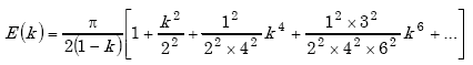 Equation A-89. Capital E as a function of K equals the product of the quantity of pi divided by 2 times the quantity of 1 minus K, all times the quantity of 1 plus the quotient of K squared over 2 squared, plus the product of the quotient of 1 squared over the product of 2 squared and 4 squared, times K raised to the power of 4, plus the product of the quotient of the numerator of the product of 1 squared and 3 squared, all over the denominator of the product of 2 squared, 4 squared, and 6 squared, all times K raised to the power of 6, etc.