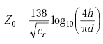 Equation A-9. Z subscript 0 equals the product of the quotient of 138 over the square root of E subscript R, times the log base 10 of the quantity of the quotient of 4 times h all over the product of pi and d.