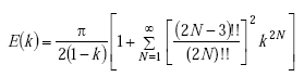 Equation A-90. Capital E as a function of small K equals the product of the quotient of pi over 2 times the quantity 1 minus K, all times the quantity of 1 plus the product of K raised to the power of 2 times N, all times the summation from N equals 1 to infinity of the squared quotient of the numerator of the double factorial of the quantity of 2 times N, minus 3, all over the denominator double factorial of 2 times N.