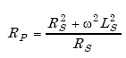 Equation A-96. Capital R subscript capital P equals the quotient of the numerator Capital R subscript capital S squared plus omega squared times capital L subscript capital S squared, all over the denominator Capital R subscript capital S.