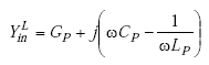 Equation A-99. Capital Y subscript I N superscript L equals Capital G subscript capital P plus the product of J times the quantity of the product of omega and capital C subscript capital P, all minus the quotient of 1 over the product of omega and capital L subscript capital P, end quantity.