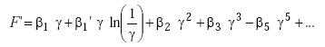 Equation B-2. Capital F prime is equal to the summation of the product of Beta subscript 1 multiplied by gamma, added to the product of Beta subscript 1 prime multiplied by gamma multiplied by the natural log of one divided by gamma, added to the product of Beta subscript 2 multiplied by gamma squared, added to the product of Beta subscript 3 multiplied by gamma cubed minus the product of Beta subscript 5 multiplied by gamma to the fifth power added to a continuation of the expansion.