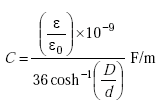 Equation D-1. Capital C is equal to the quotient of the following terms. The numerator is the product of the quotient of epsilon divided by epsilon subscript 0 multiplied by 10 to the negative 9 power. The numerator is the product of 36 multiplied by the inverse hyperbolic cosine of the quotient of capital D divided by lowercase d where the units of the result are in farads per meter.