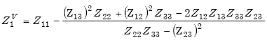 Equation E-18. Capital Z subscript 1 superscript capital V is equal to Capital Z subscript 11 minus the following quotient. The numerator is equal to the sum of the product of Capital Z subscript 13 squared multiplied by Capital Z subscript 22, added to the product of Capital Z subscript 12 squared multiplied by Capital Z subscript 33, minus the product of 2 multiplied by Capital Z subscript 12 multiplied by Capital Z subscript 13 multiplied by Capital Z subscript 33 multiplied by Capital Z subscript 23. The denominator is equal to the difference of the product of Capital Z subscript 22 multiplied by Capital Z subscript 33, minus Capital Z subscript 23 squared.