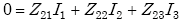 Equation E-2. Capital O is equal to the sum of the product of Capital Z subscript 21 multiplied by Capital I subscript 1, added to the product of Capital Z subscript 22 multiplied by capital I subscript 2, added to the product of Capital Z subscript 23 multiplied by capital I subscript 3.