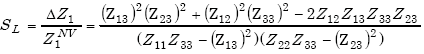 Equation E-20. Capital S subscript Capital L is equal to the quotient of Delta Capital Z subscript 1 divided by Capital Z subscript 1 superscript capital N capital V, which is also equal to the following quotient. The numerator is equal to the sum of the product of Capital Z subscript 13 squared multiplied by Capital Z subscript 23 squared added to the product of Capital Z subscript 12 squared multiplied by Capital Z subscript 33 squared minus the product of 2 multiplied by Capital Z subscript 12 multiplied by Capital Z subscript 13 multiplied by Capital Z subscript 33 multiplied by Capital Z subscript 23. The denominator is equal to the product of the difference of the product of Capital Z subscript 11 multiplied by Capital Z subscript 33 minus the square of Capital Z sub 13, multiplied by the product of Capital Z subscript 22 multiplied by Capital Z subscript 33 minus Capital Z subscript 23 squared.