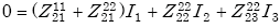 Equation E-25. Zero is equal to the sum of the product of the sum of Capital Z subscript 21 superscript 11 added to Capital Z subscript 21 superscript 22 all multiplied by Capital I subscript 1, added to the product of Capital Z subscript 22 superscript 22 multiplied by Capital I subscript 2, added to the product of Capital Z subscript 23 superscript 22 multiplied by Capital I subscript 3.