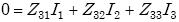 Equation E-3. Capital O is equal to the sum of the product of Capital Z subscript 31 multiplied by Capital I subscript 1, added to the product of Capital Z subscript 32 multiplied by capital I subscript 2, added to the product of Capital Z subscript 33 multiplied by capital I subscript 3.