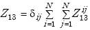 Equation E-41. Capital Z subscript 13 is equal to the product of delta subscript capital I capital J multiplied by Summation from capital I is equal to 1 to Capital N of Summation from capital J is equal to 1 to Capital N of Capital Z subscript 13 superscript capital I capital J.