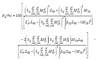 Equation E-47. Capital S subscript capital L expressed as a percentage is equal to 100 multiplied by the following quotient. The numerator is equal to 3 products summed together. The first product is the value of the product of delta subscript capital I capital J multiplied by Summation from capital I is equal to 1 to Capital N of Summation from capital J is equal to 1 to Capital N of Capital M subscript 12 superscript capital I capital J, all squared, multiplied by capital L subscript 33. The second product is the value of the product of delta subscript capital I capital J multiplied by Summation from capital I is equal to 1 to Capital N of Summation from capital J is equal to 1 to Capital N of Capital M subscript 13 superscript capital I capital J, all squared, multiplied by capital M subscript 23. The third product is negative 2 multiplied by the value of the product of delta subscript capital I capital J multiplied by Summation from capital I is equal to 1 to Capital N of Summation from capital J is equal to 1 to Capital N of Capital M subscript 12 superscript capital I capital J, multiplied by the value of the product of delta subscript capital I capital J multiplied by Summation from capital I is equal to 1 to Capital N of Summation from capital J is equal to 1 to Capital N of Capital M subscript 13 superscript capital I capital J, multiplied by capital M subscript 23, multiplied by capital L subscript 33. The denominator is the product of 2 equations. The first equation is the difference between the product of capital L subscript capital N superscript star multiplied by capital L subscript 33, minus the square of the product of delta subscript capital I capital J multiplied by Summation from capital I is equal to 1 to Capital N of Summation from capital J is equal to 1 to Capital N of Capital M subscript 13 superscript capital I capital J. The second equation is the difference between the product of capital L subscript 22 multiplied by capital L subscript 33, minus the square of capital M subscript 23.
