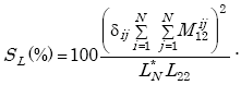 Equation E-49. Capital S subscript L calculated as a percent is equal to 100 multiplied by the following quotient. The numerator is equal to the square of the product of delta subscript capital I capital J multiplied by Summation from capital I is equal to 1 to Capital N of Summation from capital J is equal to 1 to Capital N of Capital M subscript 12 superscript capital I capital J. The denominator is equal to the product of Capital L subscript N superscript star multiplied by Capital L subscript 22.