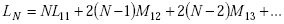 Equation E-50. Capital L subscript Capital N is equal to the sum of the product of Capital N multiplied by Capital L subscript 11 added to the product of 2 multiplied by the value of Capital N minus 1 multiplied by Capital M subscript 12 added to the product of 2 multiplied by the value of Capital N minus 2 multiplied by Capital M subscript 13 added to, a continuation of the function.