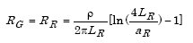 1st equation just after 3.1 Ground Rods (1) Resistance to ground. Capital R subscript Capital G equals Capital R subscript Capital R which in turn equals the product of parenthesis lowercase rho divided by parenthesis 2 times pi times Capital L subscript Capital R parenthesis times parenthesis the summation of the natural logarithm of the quotient of 4 times Capital L subscript Capital R divided by A subscript Capital R parenthesis minus 1 parenthesis.