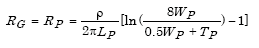 Capital R subscript Capital G equals Capital R subscript Capital P which in turn equals the product of parenthesis lowercase rho divided by parenthesis 2 times pi times Capital L subscript Capital R parenthesis times parenthesis the summation of the natural logarithm of parenthesis 8 times Capital W subscript Capital P divided by parenthesis 0.5 times Capital W subscript Capital P plus Capital T subscript Capital P parenthesis parenthesis minus 1 parenthesis.