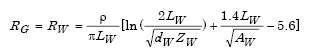 Capital R subscript Capital G equals Capital R subscript Capital W which in turn equals the product of parenthesis lowercase rho divided by parenthesis pi times Capital L subscript Capital W parenthesis times parenthesis the summation of the natural logarithm of the quotient of 2 times Capital L subscript divided by the square-root of the product of D subscript Capital W times Capital Z subscript Capital W parenthesis plus parenthesis the quotient of 1.4 times Capital L subscript W divided by the square-root of Capital A subscript Capital W parenthesis minus 5.6 parenthesis.