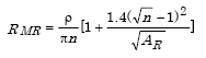Capital R subscript Capital M R equals the product of parenthesis the quotient of lowercase rho divided by the product of pi times N parenthesis times parenthesis 1 plus the quotient of 1.4 times parenthesis the square-root of parenthesis N parenthesis minus 1 parenthesis squared divided by the square-root of Capital A subscript Capital R parenthesis.