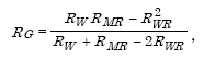 Capital R subscript Capital G equals the quotient of parenthesis Capital R subscript Capital W times Capital R subscript Capital MR minus Capital R subscript Capital W R squared parenthesis divided by parenthesis Capital R subscript Capital W plus Capital R subscript Capital M R minus parenthesis 2 times Capital R subscript Capital W R parenthesis parenthesis.